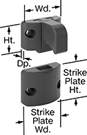 Image of Product. Latch with Pull Tab. Front orientation. Contains Annotated. Push-to-Close Latches. Snap Latches, Black Plastic with Pull Tab.