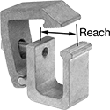 Image of Product. Hinged. Front orientation. Contains Annotated. C-Clamps. Low-Profile C-Clamps, 6061 Aluminum Body, Steel Screw, Hinged C-Clamp.