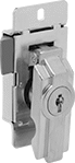 Image of Product. Style 4 (Right Side Door Mount). Front orientation. Push-to-Close Latches. Paddle-Handle Keyed Push-to-Close Locking Latches, Style 4—Mortise Mount (Screw On), Right-Side Door Mount.