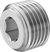 Image of Product. Male. Front orientation. Pipe and Fittings. High-Pressure Stainless Steel Threaded Pipe Fittings, Hex-Drive Plugs, Male, Threaded Fitting Connection, Round Body.