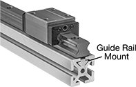 Image of ProductInUse. Front orientation. Contains Annotated. Carriage Guide Rail Mounts. Carriage Guide Rail Mounts for T-Slotted Framing.