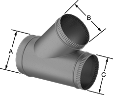 Image of Product. Front orientation. Contains Annotated. Duct and Fittings. Standard Duct and Fittings, 45° Wye Reducers, Female × Male × Male.
