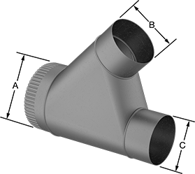 Image of Product. Front orientation. Contains Annotated. Duct and Fittings. Standard Duct and Fittings, 45° Wye Reducers, Male × Female × Female.