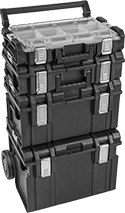 Image of ProductInUse. Mobile Tool Box Shown with Additional Boxes (Sold Separately). Front orientation. Tool Boxes. Create-Your-Own Stackable Mobile Tool Boxes.