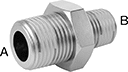 Image of Product. Male x Male. Front orientation. Contains Annotated. Pipe and Fittings. Low-Pressure Stainless Steel Threaded Pipe Fittings with Sealant, Straight Reducers, Threaded Fitting Connection, Male, Hex Body.