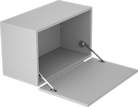 Image of ProductInUse. Front orientation. Lid Supports. Friction Lid Supports, Side Mount, Opens Down.