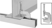 Image of ProductInUse. Front orientation. Contains Inset, Border, MultipleImages. Strut Channel Framing and Fittings. Clamp-On Strut Channel Beam Mounts, Style 2.