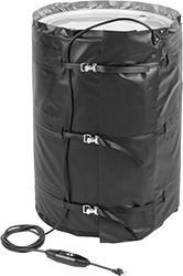 Image of ProductInUse. For 5, 15, 30, and 55 gal. Containers. Front orientation. Wraparound Heaters. Thermally Insulating Wraparound Heaters for Pails, Drums, and Totes.