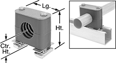 Image of Product. Front orientation. Contains Annotated, Inset, MultipleImages. Strut Channel Framing and Fittings. Block-Style Vibration-Damping Strut Channel Routing Clamps.
