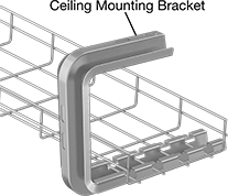 Image of ProductInUse. Front orientation. Contains Annotated. Cable Trays and Fittings. Zinc-Plated Steel Formable Cable Trays and Fittings, Ceiling Mounting Brackets.