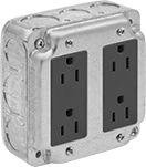 Image of Product. Front orientation. Outlet Boxes. Ready-to-Use Steel Outlet Boxes, Boxes with NEMA Outlets, 4 Flush-Mount Outlets.