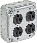 Image of Product. Front orientation. Outlet Boxes. Ready-to-Use Steel Outlet Boxes, Boxes with NEMA Outlets, 4 Tamper-Resistant Outlets.