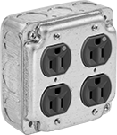 Image of Product. Front orientation. Outlet Boxes. Ready-to-Use Steel Outlet Boxes, Boxes with NEMA Outlets, 4 Sure-Grip Outlets.