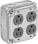 Image of Product. Front orientation. Outlet Boxes. Ready-to-Use Steel Outlet Boxes, Boxes with NEMA Outlets, 4 Tamper-Resistant Sure-Grip Outlets.