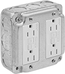 Image of Product. Front orientation. Outlet Boxes. Ready-to-Use Steel Outlet Boxes, Boxes with GFCI Outlets, 4 Outlets.