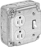 Image of Product. Front orientation. Outlet Boxes. Ready-to-Use Steel Outlet Boxes, Boxes with Toggle Switches and NEMA Outlets, 1 Switch and 2 Outlets.