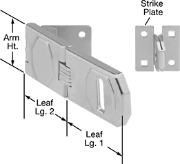 Image of Product. Front orientation. Contains Annotated. Hasps. Long-Reach Padlockable Corner Hasps, Style C.