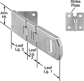 Image of Product. Front orientation. Contains Annotated. Hasps. Long-Reach Padlockable Corner Hasps, Style D.