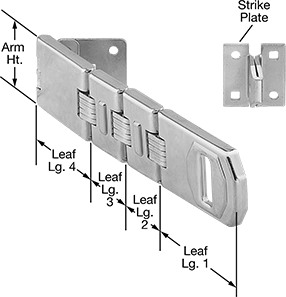 Image of Product. Front orientation. Contains Annotated. Hasps. Long-Reach Padlockable Corner Hasps, Style E.