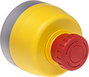 Image of Product. Front orientation. Emergency Stop Switches. High-Visibility Plastic Enclosed Push-Button-Actuator Emergency Stop Switches, Panel Mount with Turn Reset and Emergency Stop Label.