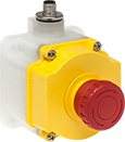 Image of Product. Front orientation. Emergency Stop Switches. High-Visibility Plastic Enclosed Push-Button-Actuator Emergency Stop Switches, Surface Mount with Turn Reset and Emergency Stop Label.