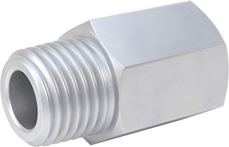 Image of Product. Back orientation. Miniature Medium-Pressure Aluminum Pipe Fitting, Adapter, 9/16"-18 UN/UNF Female x 1/4 NPT Male.