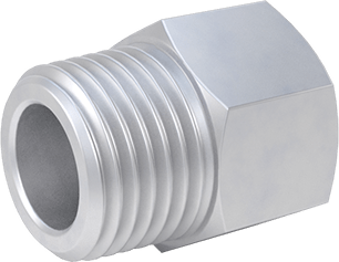 Image of Product. Back orientation. Miniature Medium-Pressure Aluminum Pipe Fitting, Straight Adapter, M8 x 1 mm Thread Female, 1/8 NPT Male.