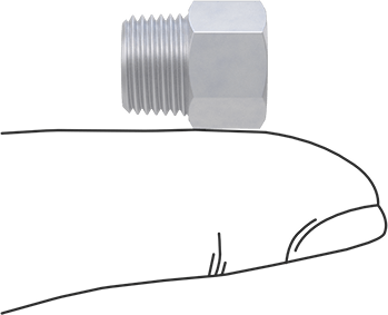 Image of Product. Side1 orientation. Contains SizingReference. Miniature Medium-Pressure Aluminum Pipe Fitting, Straight Adapter, M8 x 1 mm Thread Female, 1/8 NPT Male.
