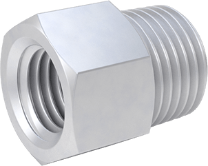 Image of Product. Front orientation. Miniature Medium-Pressure Aluminum Pipe Fitting, Straight Adapter, M8 x 1 mm Thread Female, 1/8 NPT Male.