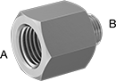 Image of Product. NPT Female × NPT Male. Front orientation. Contains Annotated. Pipe and Fittings. Miniature Low-Pressure Aluminum Threaded Pipe Fittings, Straight Reducing Adapters, Male, Female, Threaded Fitting Connection, Hex Body.