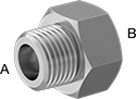 Image of Product. Bushing Straight Reducing Adapters. Front orientation. Contains Annotated. Pipe and Fittings. Miniature Low-Pressure Aluminum Threaded Pipe Fittings, Bushing Straight Reducing Adapters, Threaded Fitting Connection, Female, Male, Hex Body.