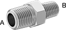 Image of Product. NPT Male × NPT Male. Front orientation. Contains Annotated. Pipe and Fittings. Miniature Low-Pressure Aluminum Threaded Pipe Fittings, Straight Reducers, Male, Threaded Fitting Connection, Hex Body.