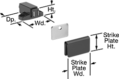 Image of Product. Front orientation. Exploded view. Contains Annotated. Magnetic Latches. Push-to-Open Magnetic Latches, Style 2.