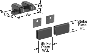 Image of Product. Front orientation. Exploded view. Contains Annotated. Magnetic Latches. Push-to-Open Magnetic Latches, Style 4.