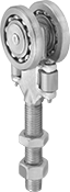 Image of Product. 1 Roller. Front orientation. Door Tracks and Fittings. Curved Roller Tracks for Doors, Curtains, and Strip Doors, Hangers with Bolt, For 600 lb. Track Capacity, 1 Roller.