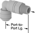 Image of Product. Push-to-Connect Female Inlet × NPT Male Outlet 90° Elbow. Front orientation. Contains Annotated. 90° Elbow. Check Valves with Push-to-Connect Fittings, Female, Acetal Body, Male.