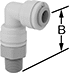 Image of Product. NPT Male Inlet × Push-to-Connect Female Outlet 90° Elbow. Top orientation. Contains Annotated. 90° Elbow. Check Valves with Push-to-Connect Fittings, Acetal Body, Female, Male.