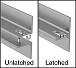 Image of ProductInUse. Latch with Down Handle Position Shown Installed. Front orientation. Contains Annotated, Border. Draw Latches. Slide-Snap Draw Latches, Down Handle Position.