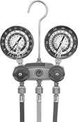 Image of Product. Two Valve. Front orientation. Refrigerant Pressure Testing Manifolds. Refrigerant Pressure Testing and Charging Manifolds, Two-Valve Manifold.