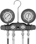 Image of Product. Front orientation. Refrigerant Pressure Testing Manifolds. Refrigerant Pressure Testing and Charging Manifolds, Four-Valve Manifold.