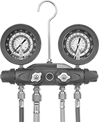 Image of Product. Four Valve. Front orientation. Refrigerant Pressure Testing Manifolds. Refrigerant Pressure Testing and Charging Manifolds, Four-Valve Manifold.