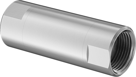 Image of Product. Front orientation. 316 Stainless Steel Check Valve with Fluoroelastomer Piston, with Rubber Spring-Loaded Piston, 3/4 NPT Female.