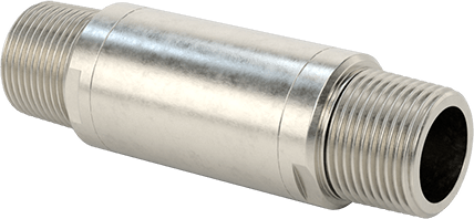 Image of Product. Back orientation. 316 Stainless Steel Check Valve with Fluoroelastomer Piston, with Rubber Spring-Loaded Piston, 3/4 NPT Male.