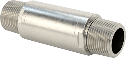 Image of Product. Front orientation. 316 Stainless Steel Check Valve with Fluoroelastomer Piston, with Rubber Spring-Loaded Piston, 3/4 NPT Male.