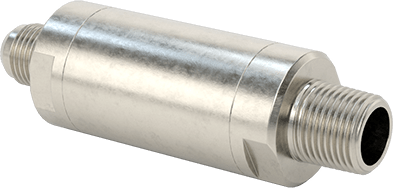 Image of Product. Front orientation. 316 Stainless Steel Check Valve with Fluoroelastomer Piston, Spring-Loaded, 3/8 NPT Male x 9/16"-18 UN/UNF (JIC.