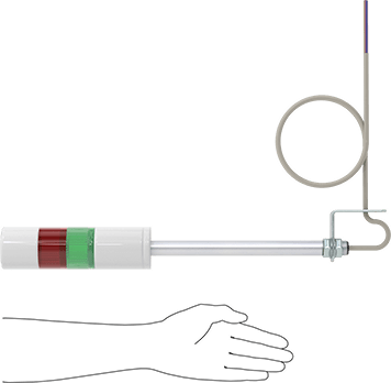 Image of Product. Side1 orientation. Contains SizingReference. LED Stack Light, with Buzzer Alarm, 24V DC, 2 Lights, Green/Red.