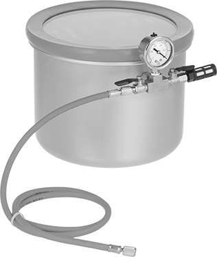 Image of Product. Front orientation. Vacuum Container, 304 Stainless Steel with Side-Mount Gauge, Acrylic Lid with Seal, 3 Gallon.