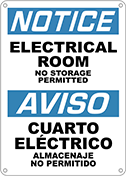 Image of Product. Front orientation. Signs. Department and Room Signs, Notice—Electrical Room No Storage Permitted/Aviso—Cuarto Electrico Almacenaje No Permitido (English/Spanish).