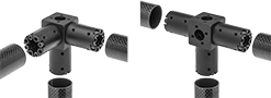 Image of ProductInUse. Front orientation. Exploded view. Contains MultipleImages. Slip-On Framing and Fittings. Carbon Fiber Slip-On Framing and Fittings, Connectors, Three-Way 90° Elbow, Tee.