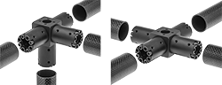 Image of ProductInUse. Front orientation. Exploded view. Contains MultipleImages. Slip-On Framing and Fittings. Carbon Fiber Slip-On Framing and Fittings, Connectors, Four-Way 90° Elbow, Cross.